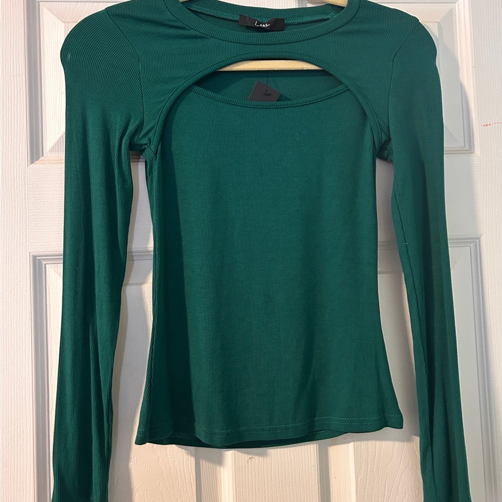 Lulu's Deep Green Long Sleeve Cutout Top